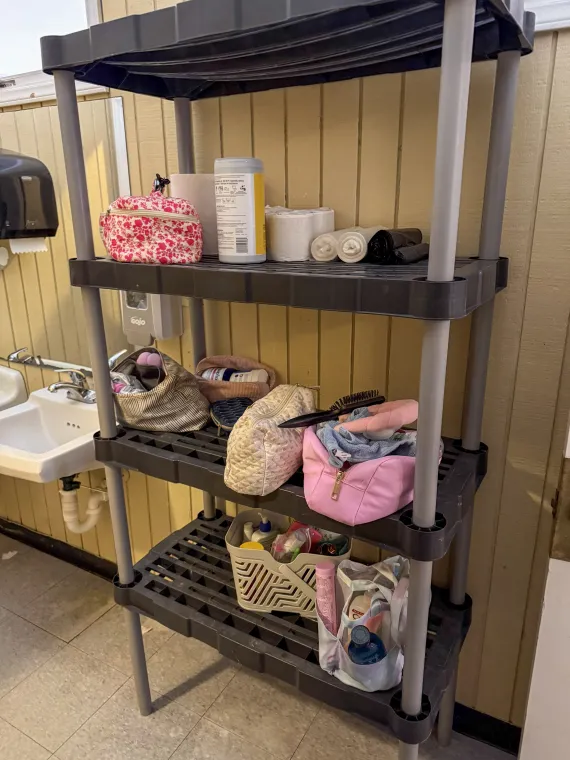 A toiletry rack in the Hilton cabins.